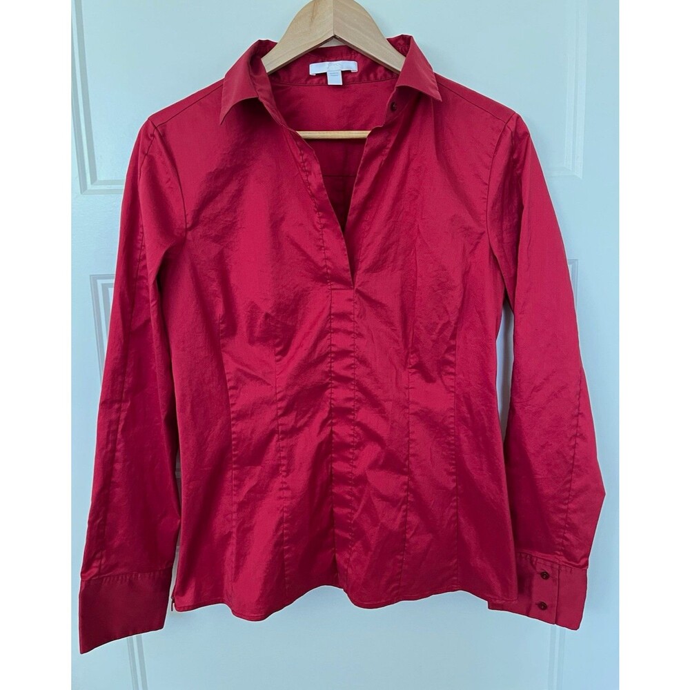 BOSS Hugo Boss Bashina 6 Fitted Blouse Red Cotton Stretch Zip Shirt Womens 10
